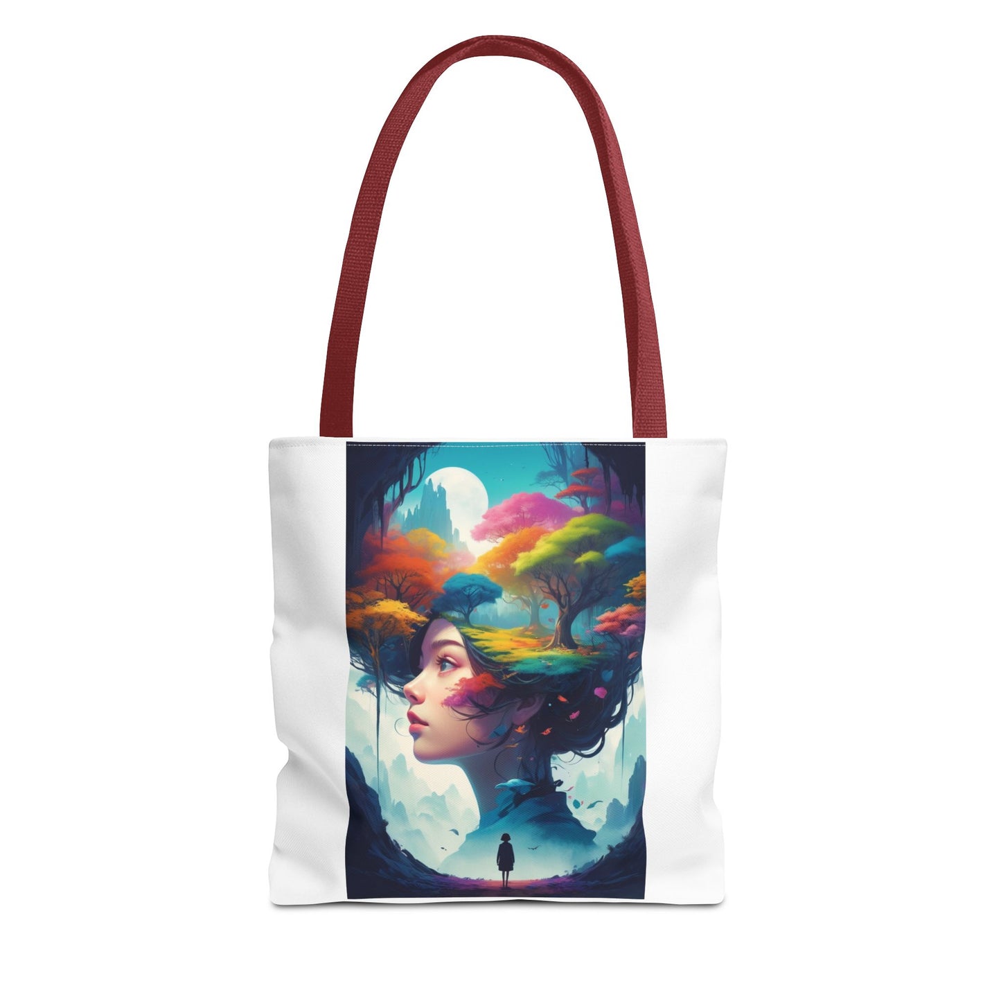 Surreale Traumlandschaft-Tragetasche – Bunte Frau &amp; Waldmotiv