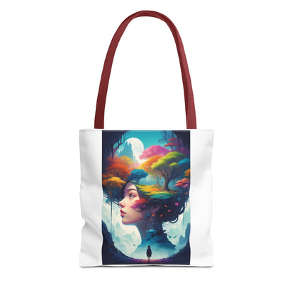 Surreale Traumlandschaft-Tragetasche – Bunte Frau &amp; Waldmotiv