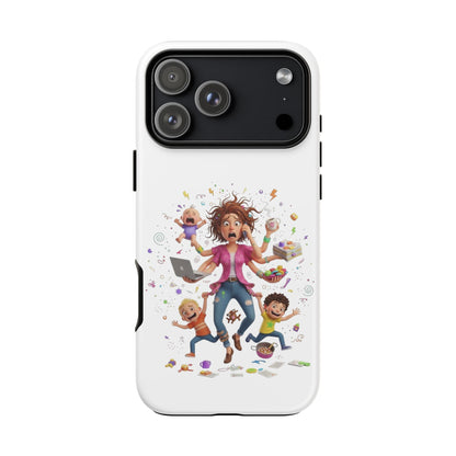 iPhone Phone Case — Hectic Mom Cartoon Design (Multitasking Mother, Kids & Chaos)
