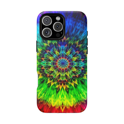 Funda resistente para teléfono con diseño de mandala psicodélico: protección vibrante con efecto tie-dye