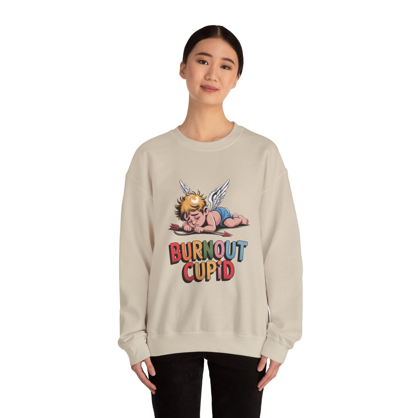 Burnout Cupid Sweatshirt — Tired Cupid Graphic Crewneck for Valentine’s Day