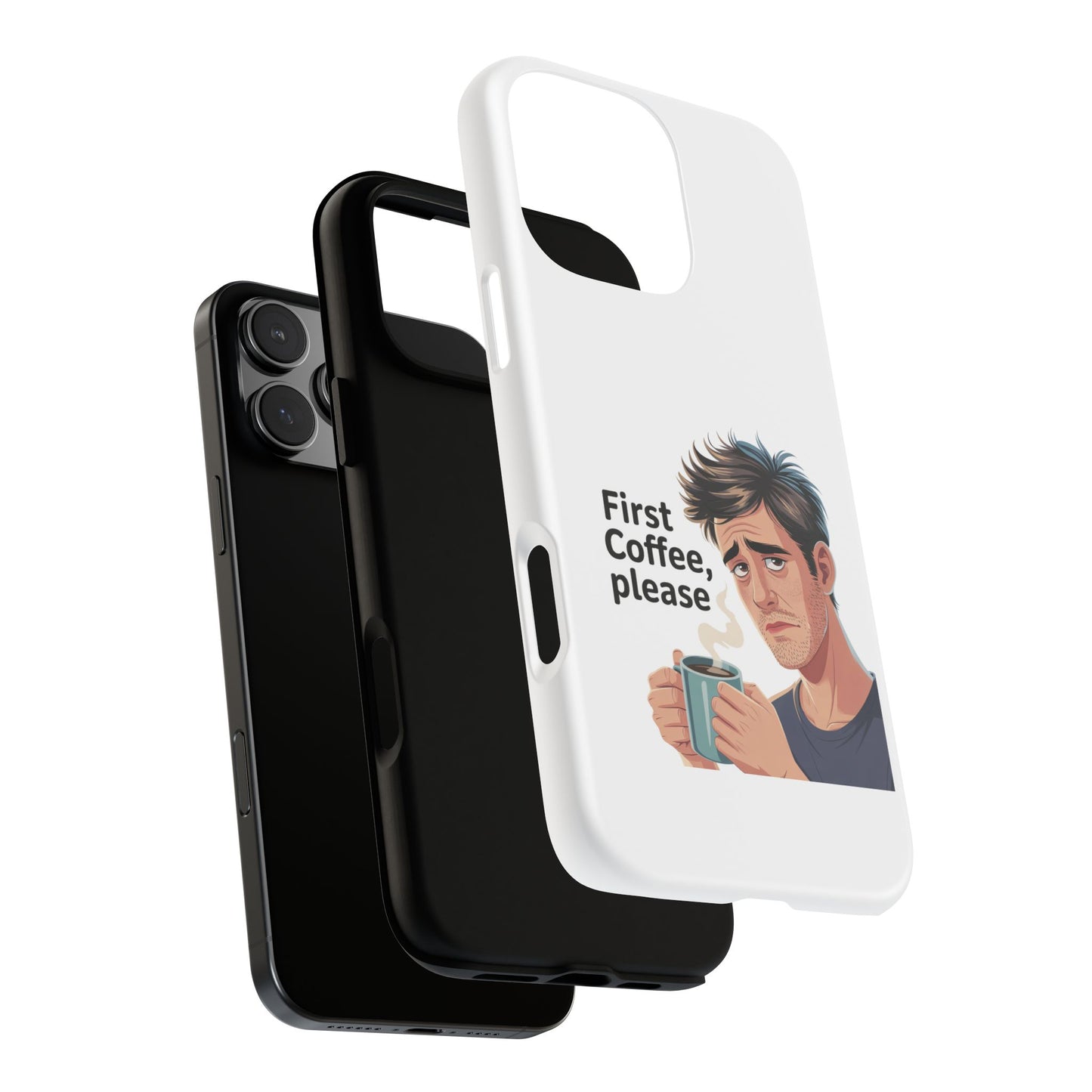 Funda para iPhone: "Primer café, por favor". Ilustración divertida del café de la mañana.
