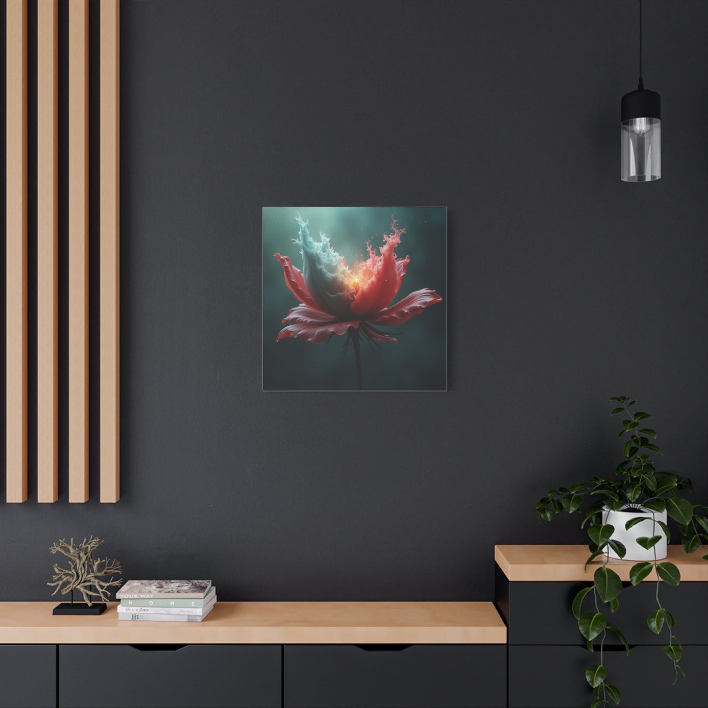 Surreal Bloom Canvas Art — Fiery Red & Teal Flower Matte Stretched Print