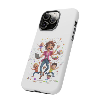 iPhone Phone Case — Hectic Mom Cartoon Design (Multitasking Mother, Kids & Chaos)