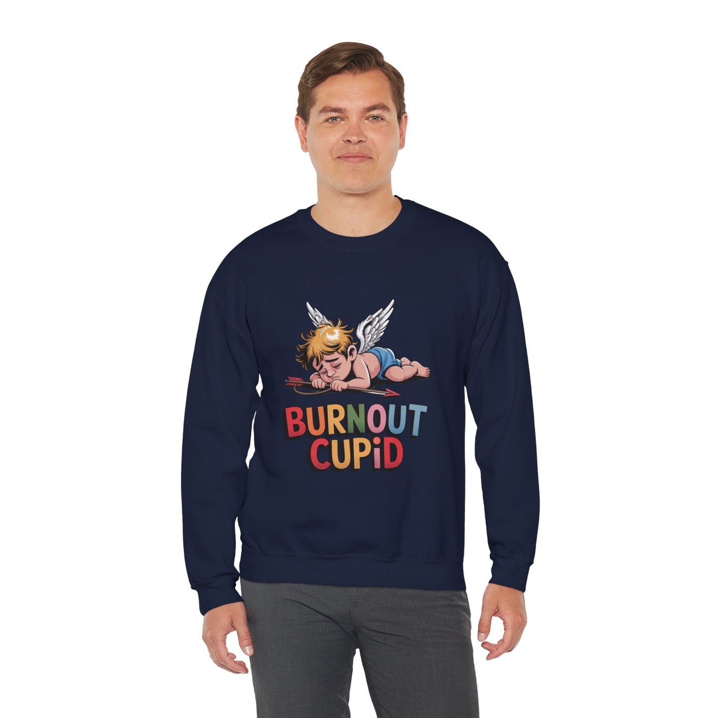 Burnout Cupid Sweatshirt — Tired Cupid Graphic Crewneck for Valentine’s Day