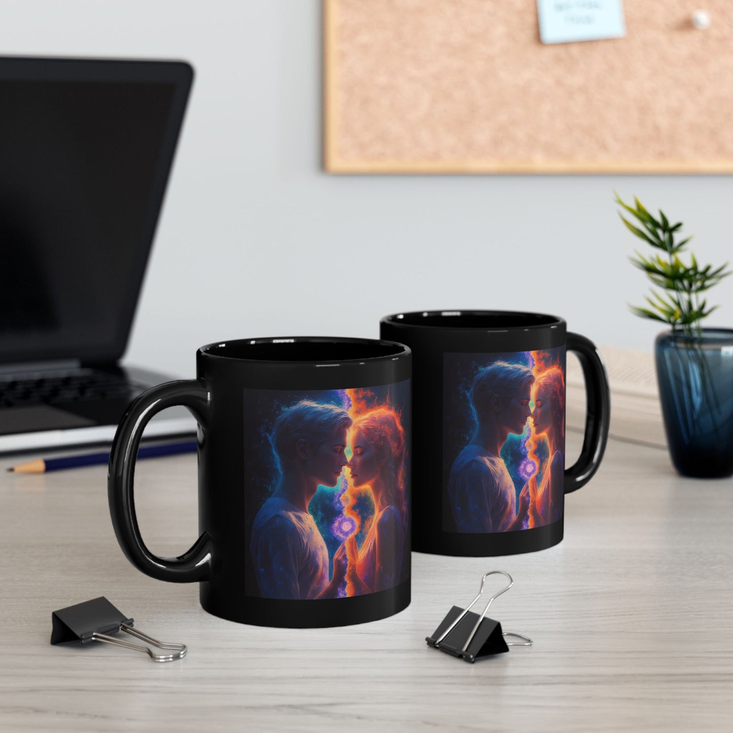 Cosmic Lovers Coffee Mug — Neon Starry Couple Black Mug (11oz/15oz)