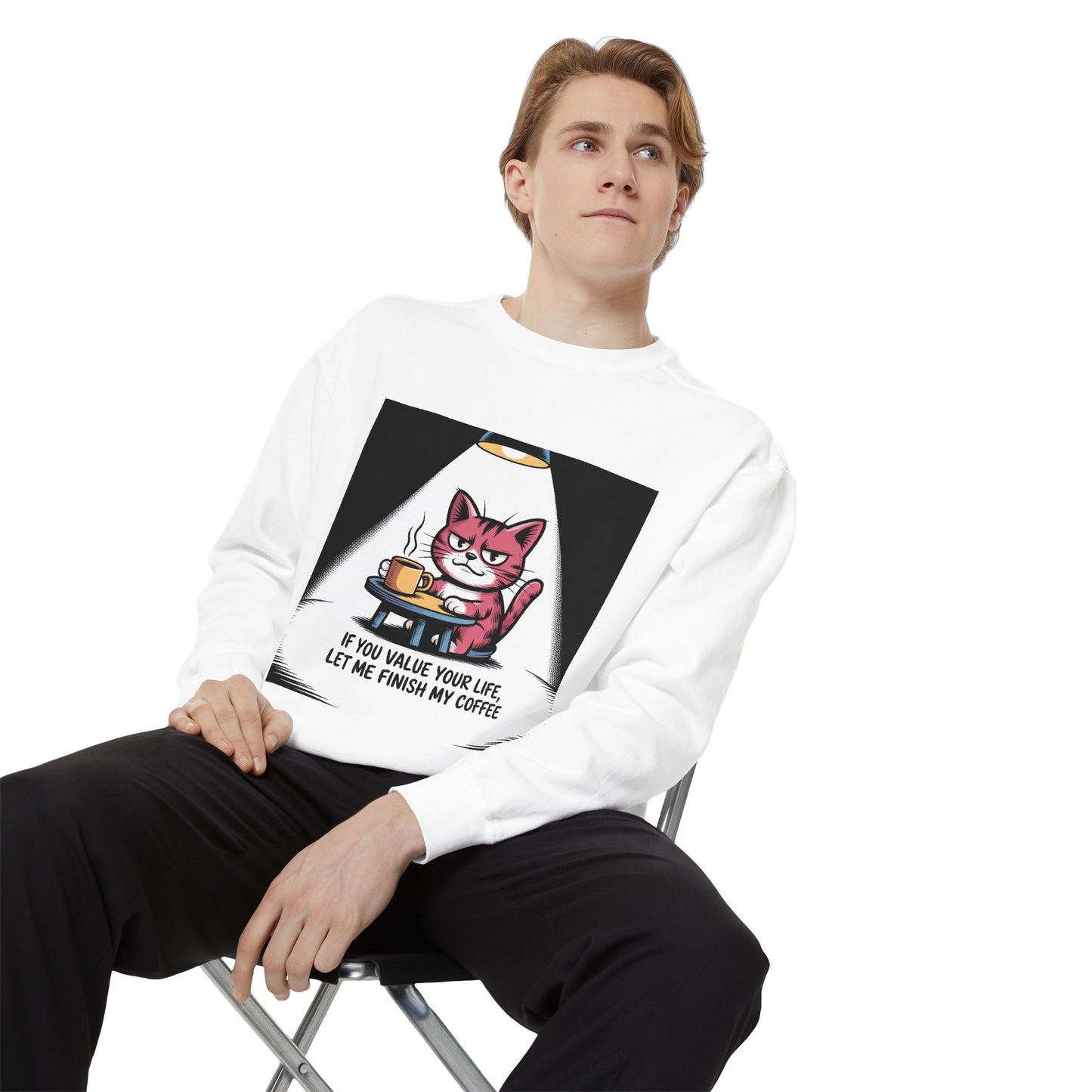 Lustiges Katzen-Sweatshirt – „Wenn dir dein Leben lieb ist, lass mich meinen Kaffee austrinken“ – Kuscheliger Pullover mit Grafikprint