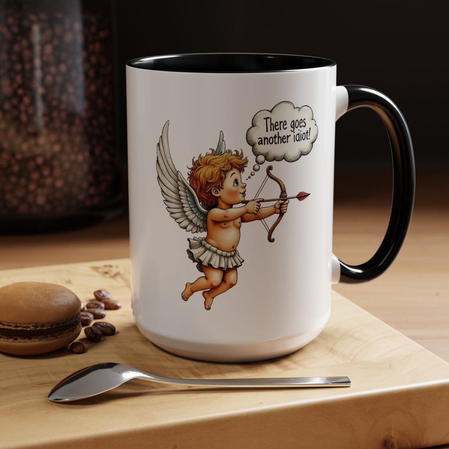Cupid Coffee Mug — Vintage Cherub Saying "There goes another idiot!" Accent Mug
