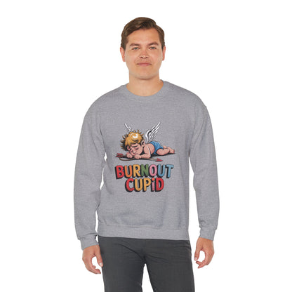 Burnout Cupid Sweatshirt — Tired Cupid Graphic Crewneck for Valentine’s Day