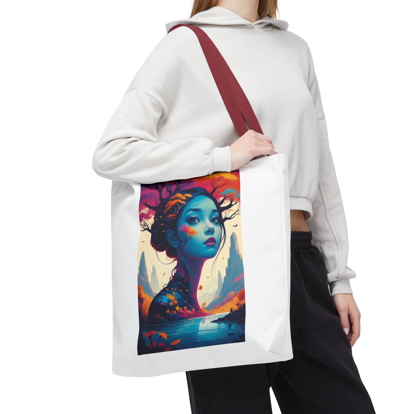 Artistic Blue Forest Maiden Tote Bag - Surreal Portrait All-Over Print