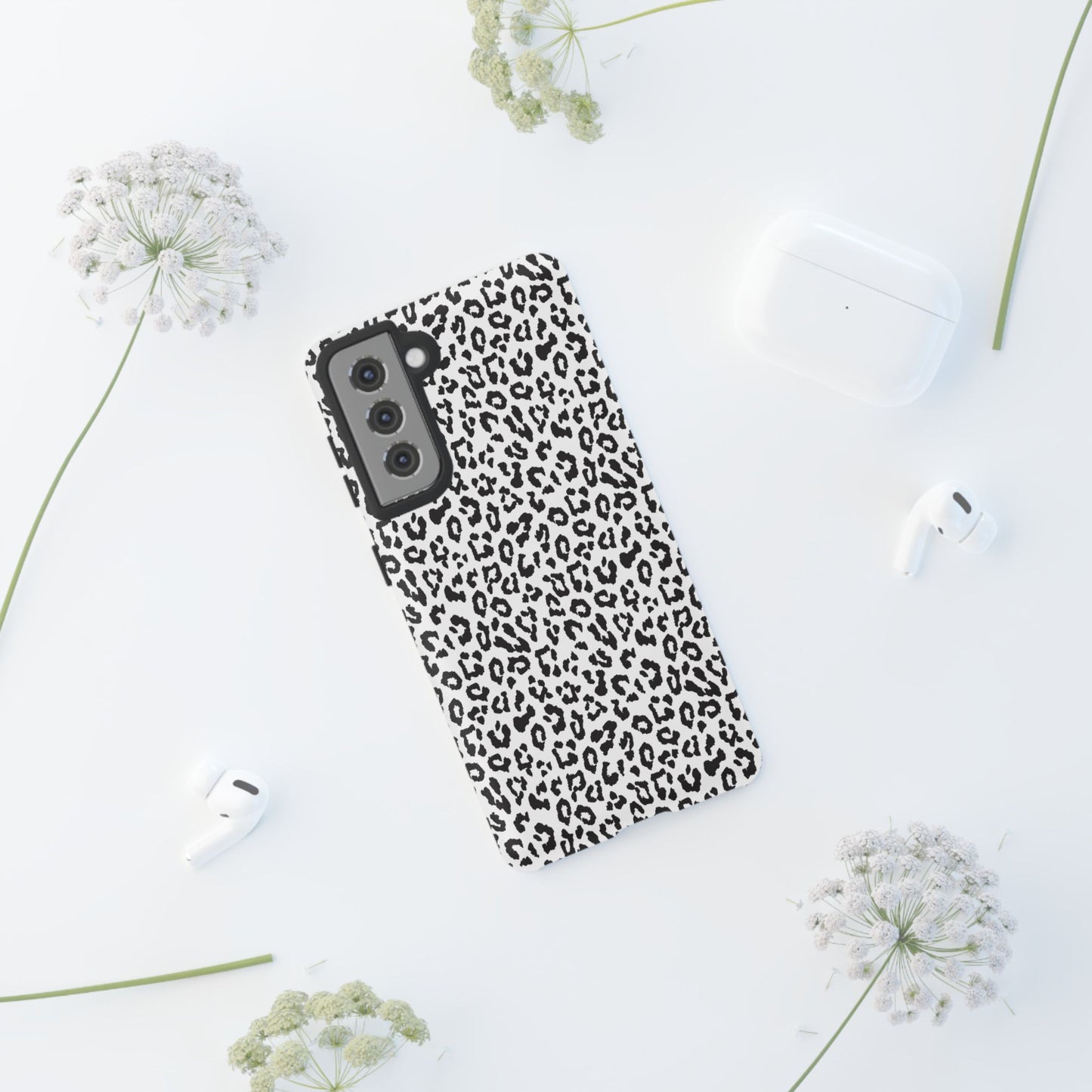Samsung Leopard Print Tough Phone Case – Black & White Animal Pattern Protective Cover