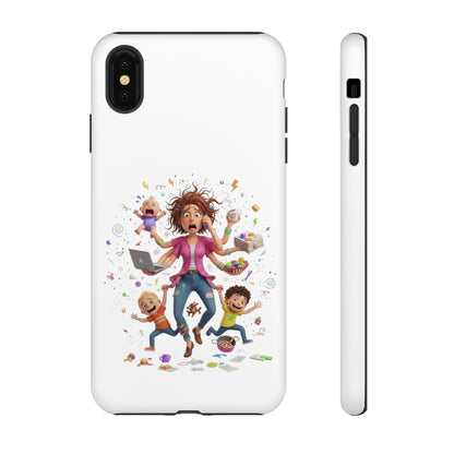 iPhone Phone Case — Hectic Mom Cartoon Design (Multitasking Mother, Kids & Chaos)