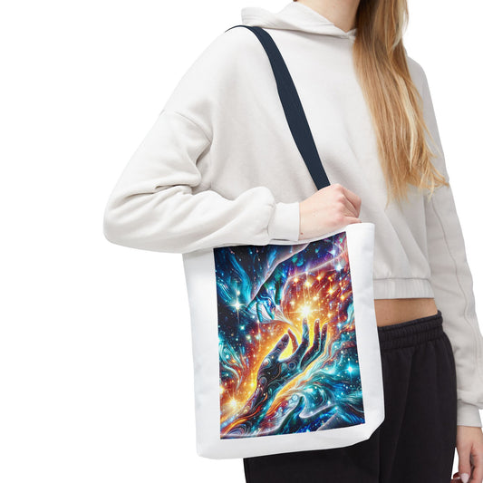 Cosmic Hands Tote Bag — Vibrant Galaxy Art Tote for Everyday, Beach & Gifts