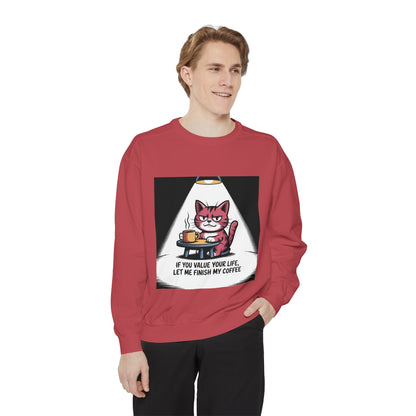 Lustiges Katzen-Sweatshirt – „Wenn dir dein Leben lieb ist, lass mich meinen Kaffee austrinken“ – Kuscheliger Pullover mit Grafikprint