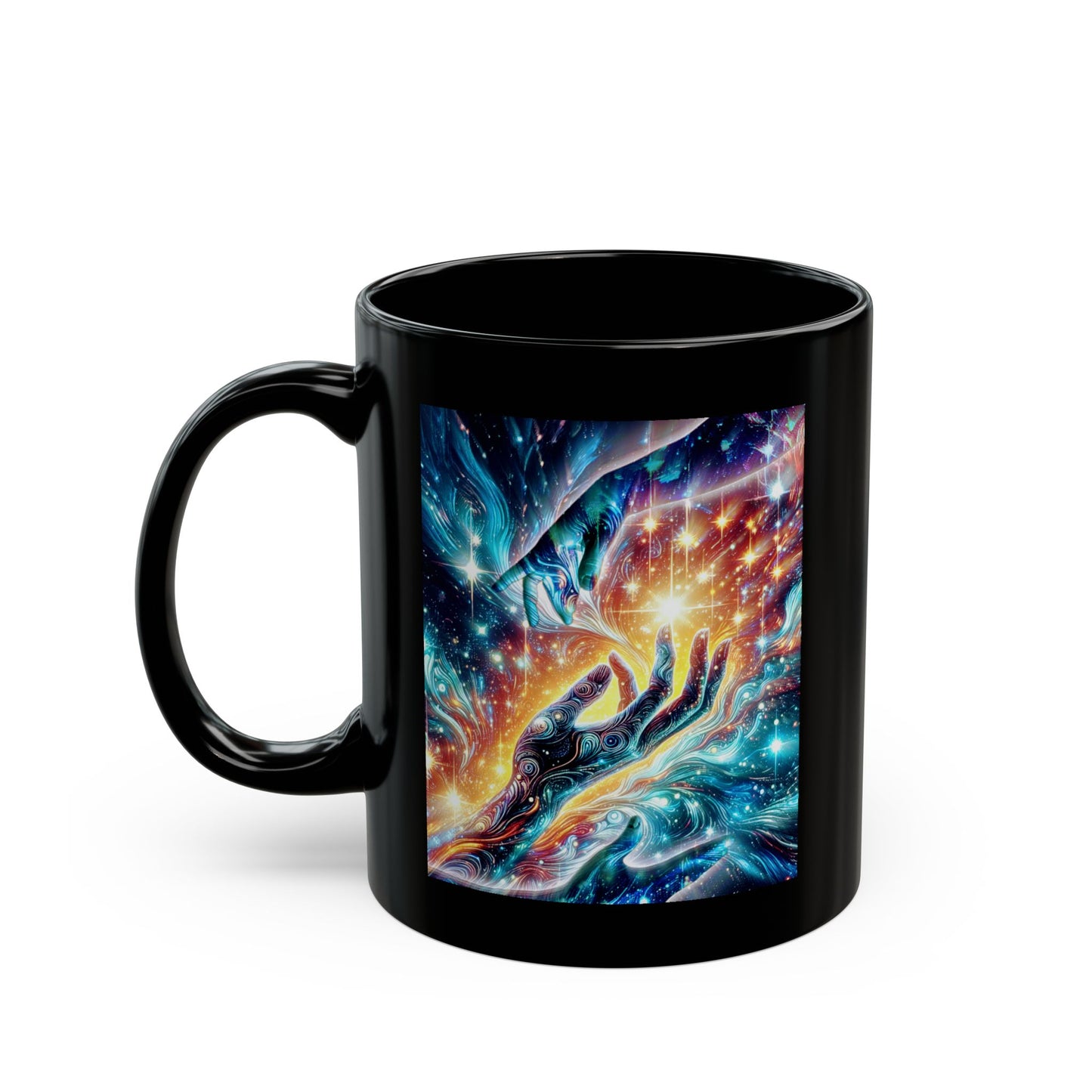 Cosmic Hands Black Mug — Galaxy Art Coffee Cup (11oz or 15oz)