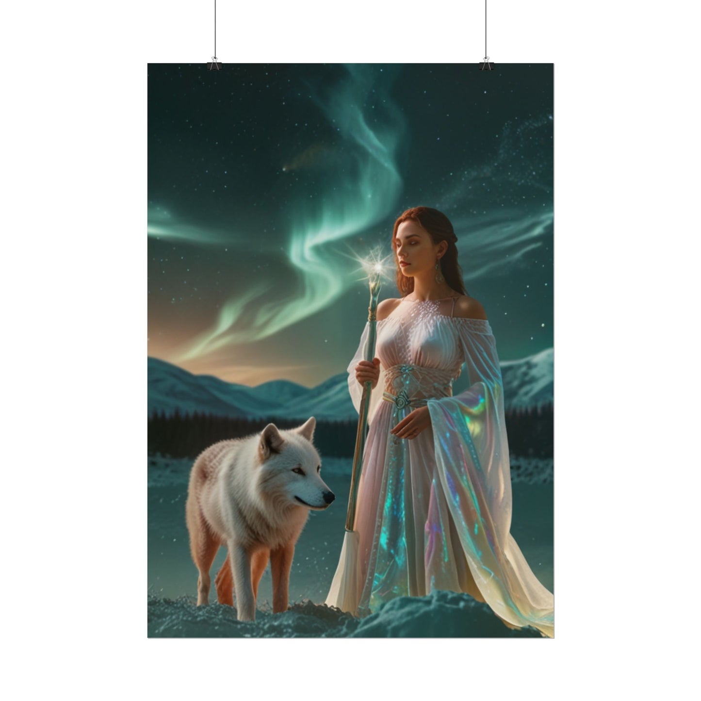 Aurora Guardian Poster – Fantasy-Frau mit weißem Wolf (Wandbild)