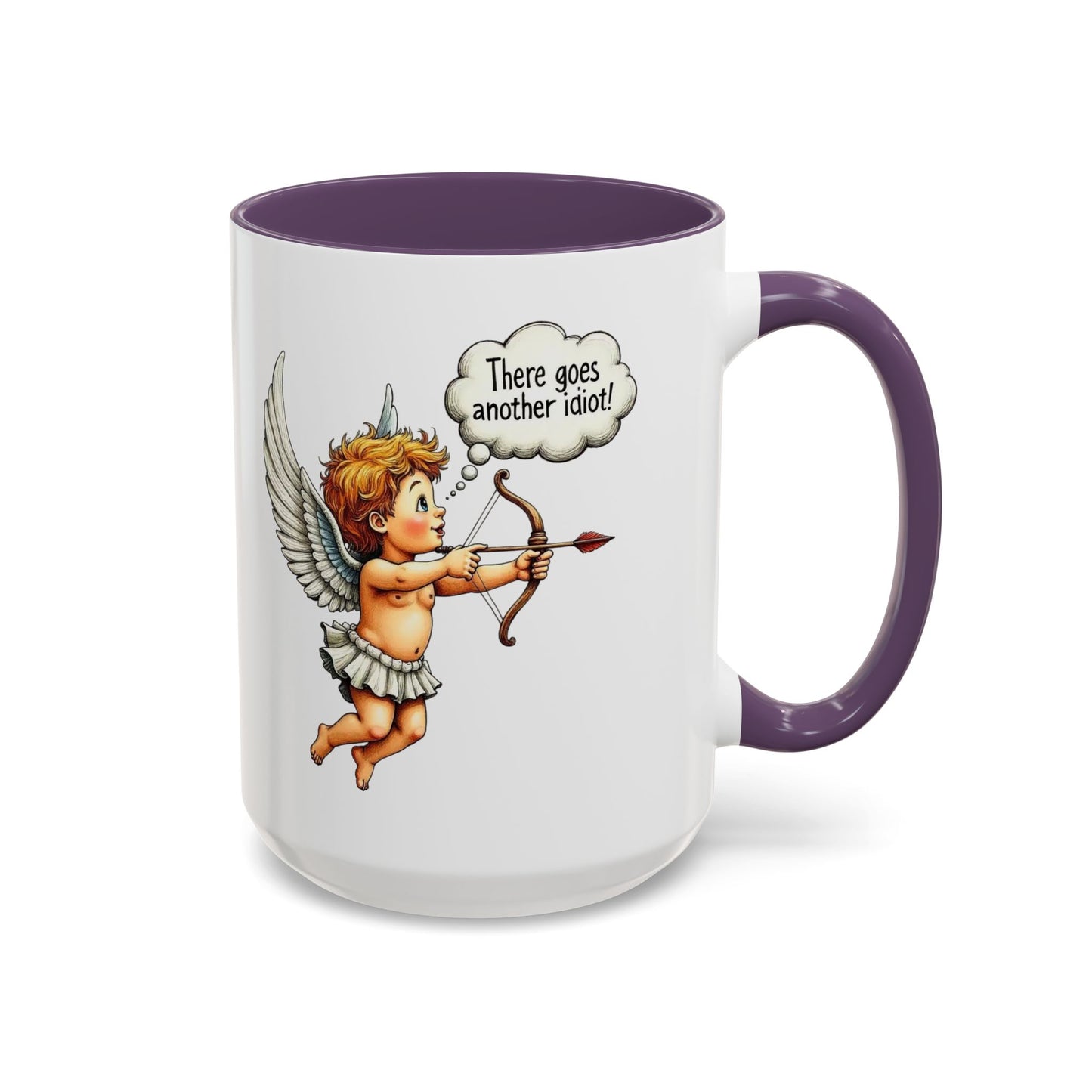 Cupid Coffee Mug — Vintage Cherub Saying "There goes another idiot!" Accent Mug