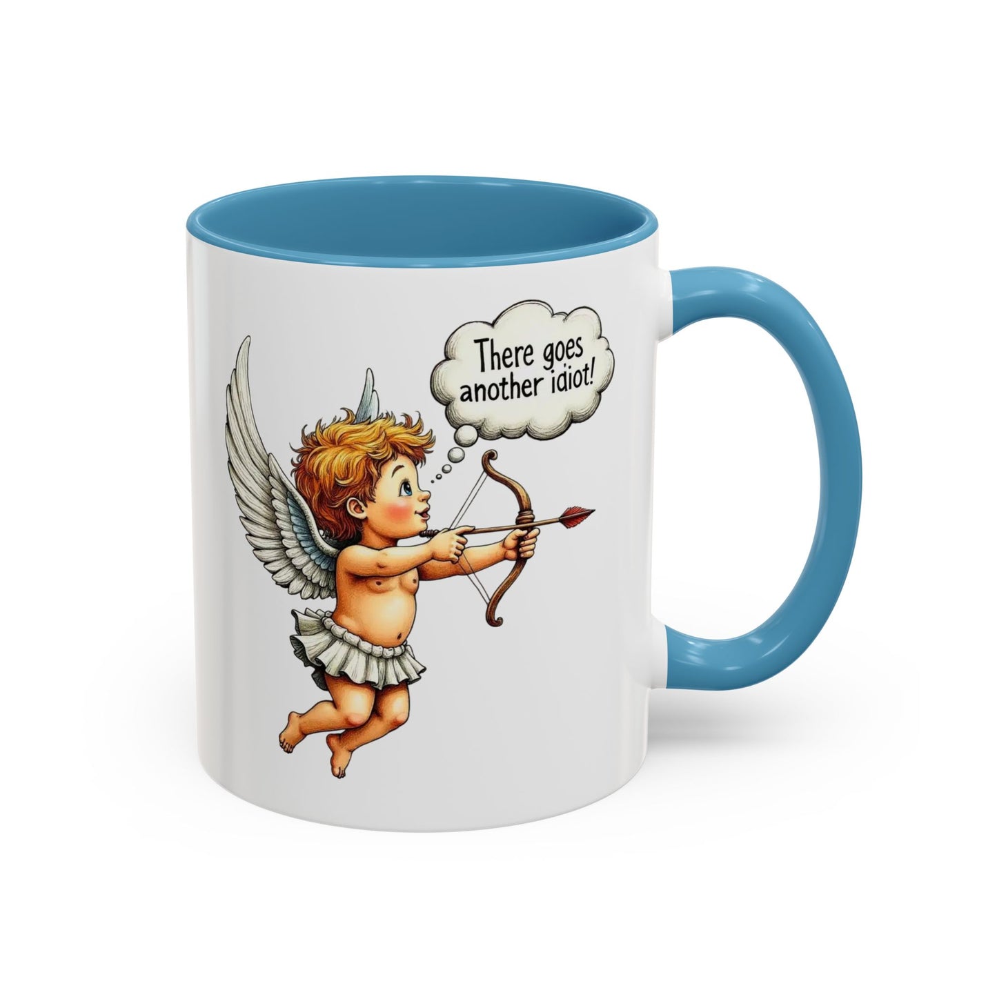Cupid Coffee Mug — Vintage Cherub Saying "There goes another idiot!" Accent Mug