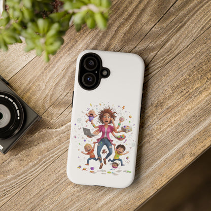 iPhone Phone Case — Hectic Mom Cartoon Design (Multitasking Mother, Kids & Chaos)