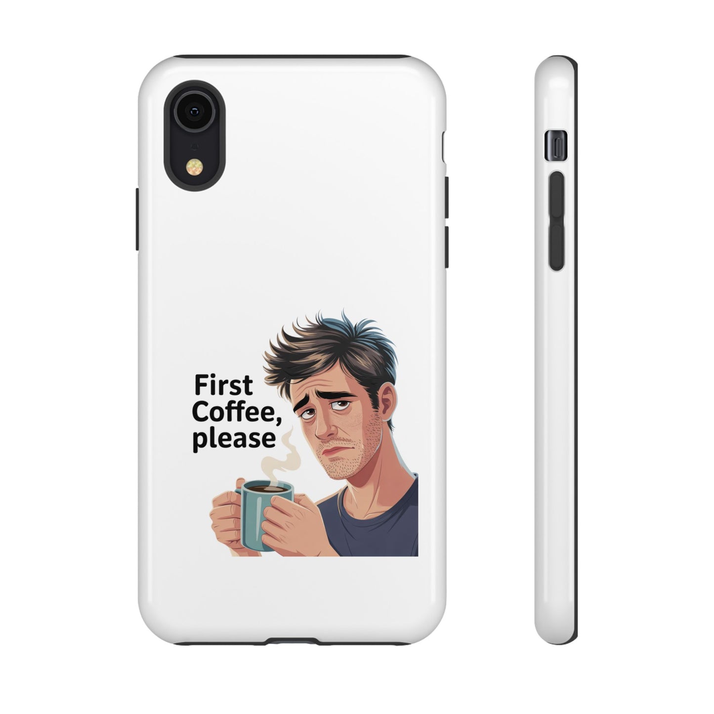 Funda para iPhone: "Primer café, por favor". Ilustración divertida del café de la mañana.
