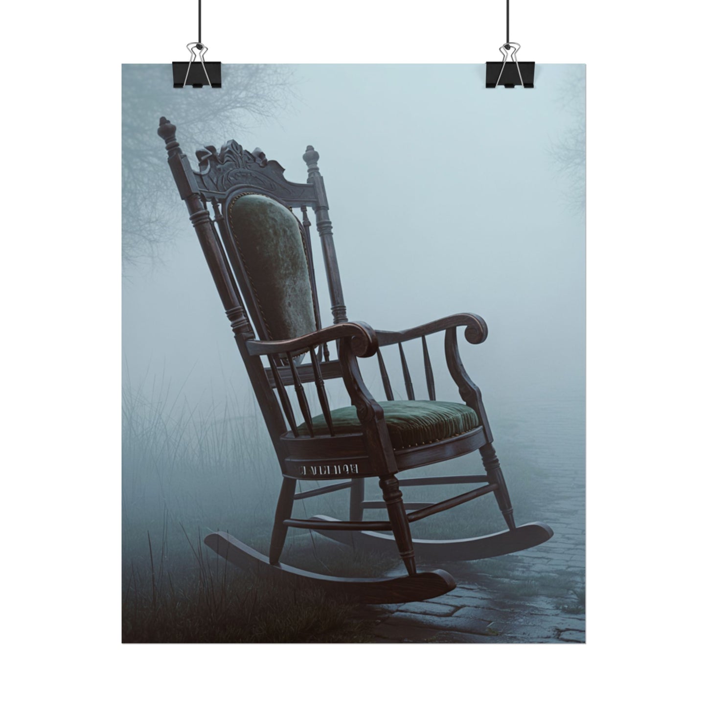 Vintage-Schaukelstuhl-Poster – Stimmungsvolles, nebliges Cottage-Wandbild (gerolltes Poster)