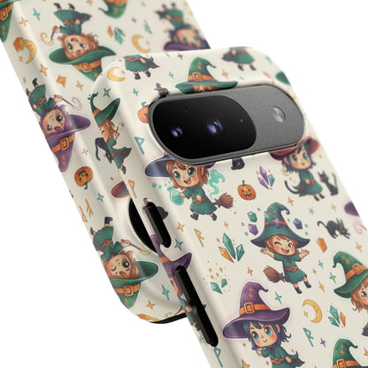 Google Phone - Cute Halloween Witch Phone Case – Cartoon Witches, Black Cats & Pumpkins