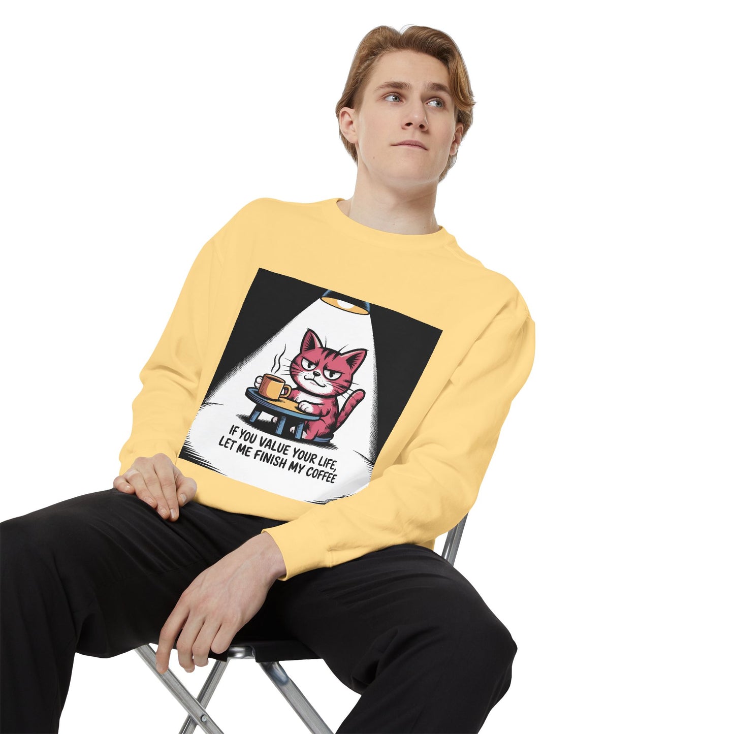 Lustiges Katzen-Sweatshirt – „Wenn dir dein Leben lieb ist, lass mich meinen Kaffee austrinken“ – Kuscheliger Pullover mit Grafikprint