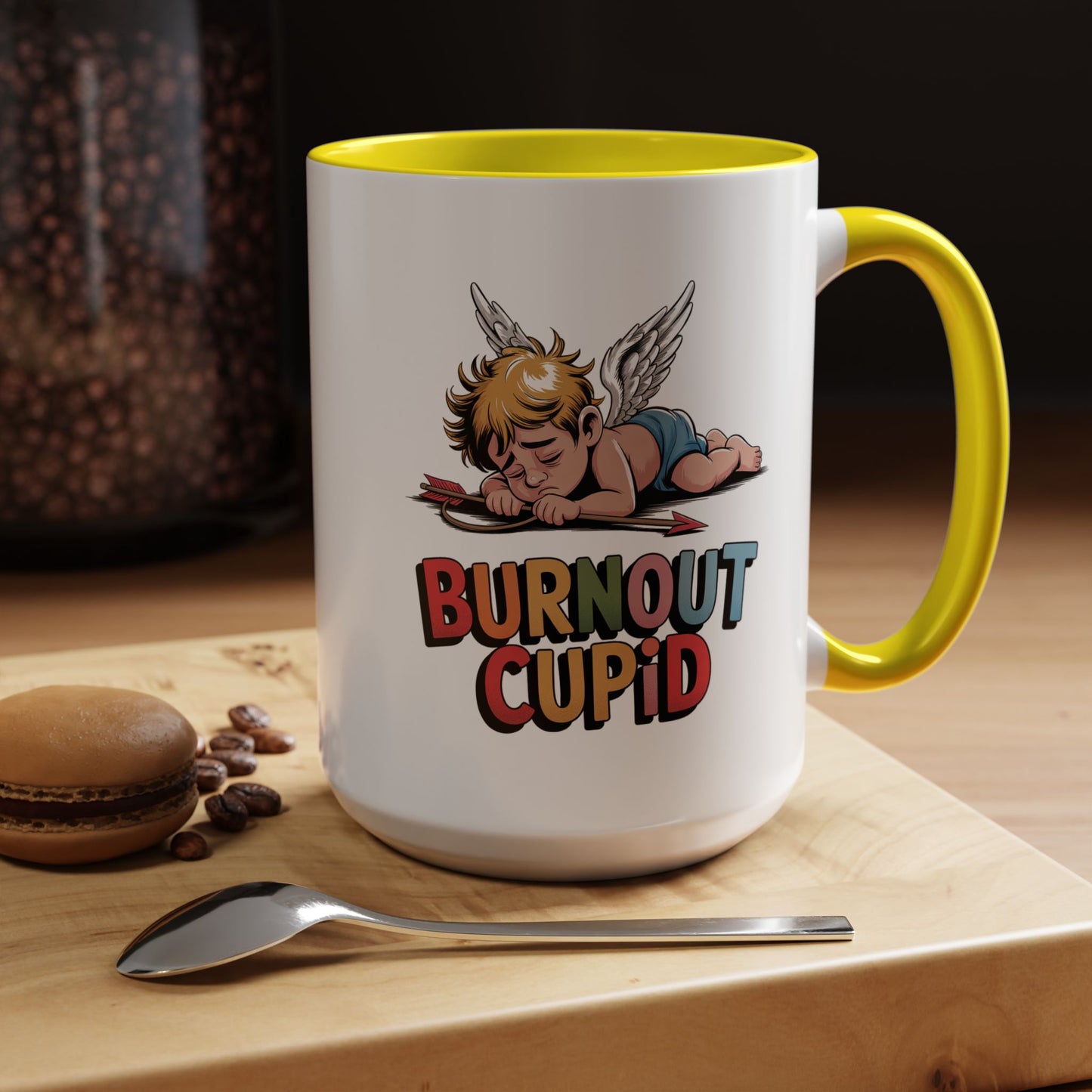Burnout Cupid Coffee Mug — Cute Tired Cupid Accent Mug (11/15 oz)