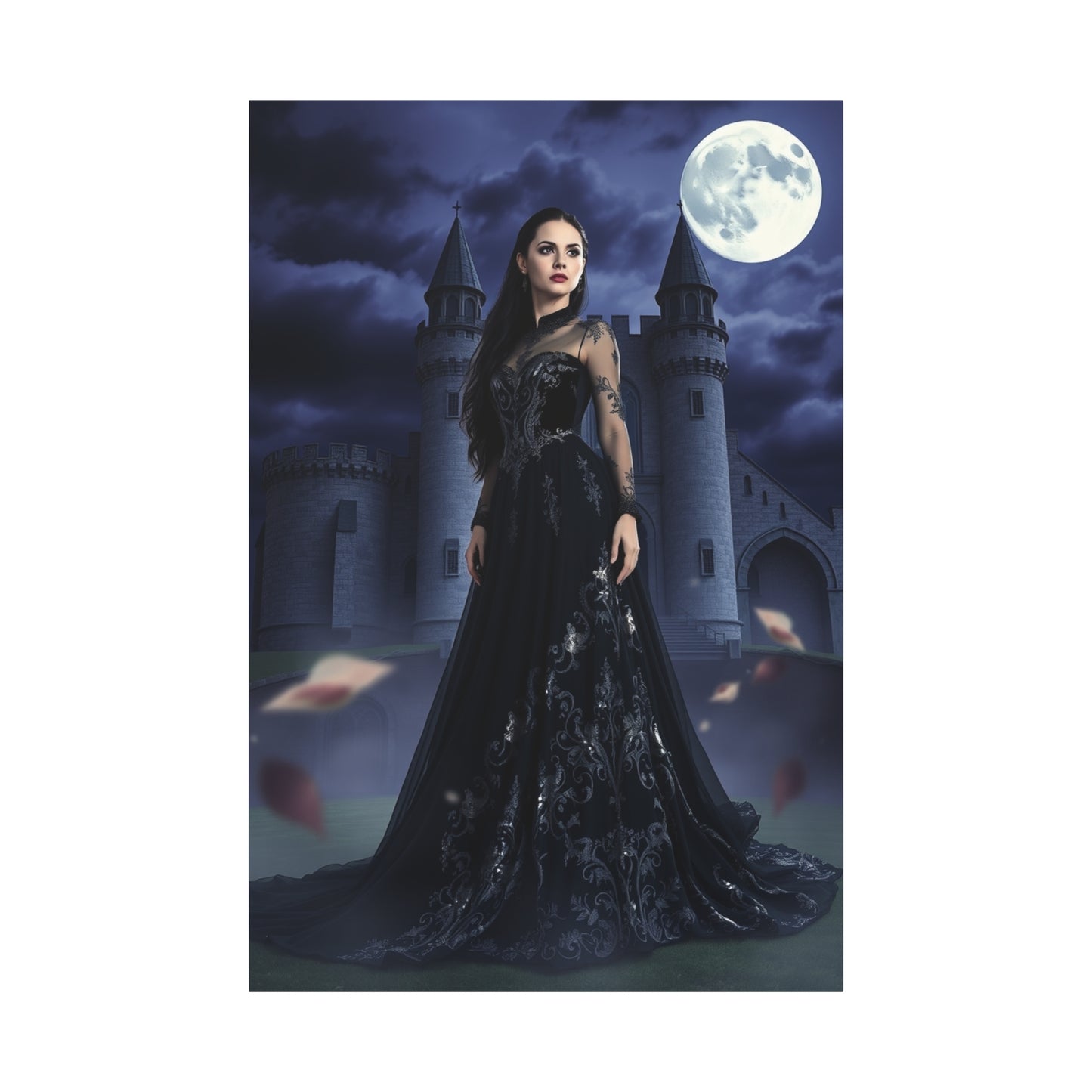 Gothic Moonlit Woman Matte Canvas Print — Dark Castle Wall Art