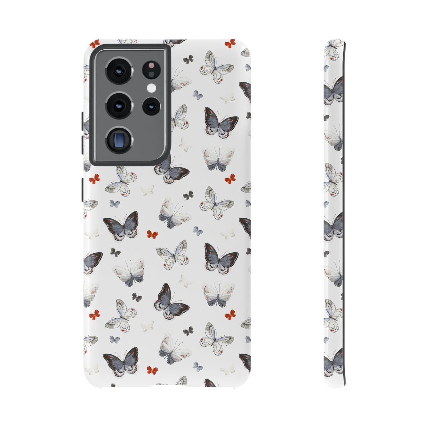 Funda para Samsung con diseño de mariposas: elegante funda protectora monocromática con detalles en rojo