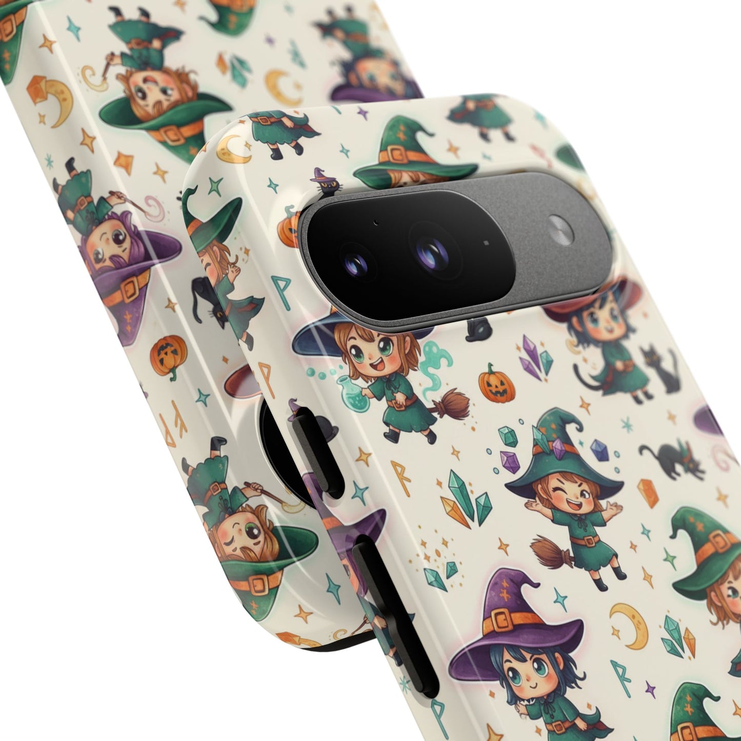 Google Phone - Cute Halloween Witch Phone Case – Cartoon Witches, Black Cats & Pumpkins