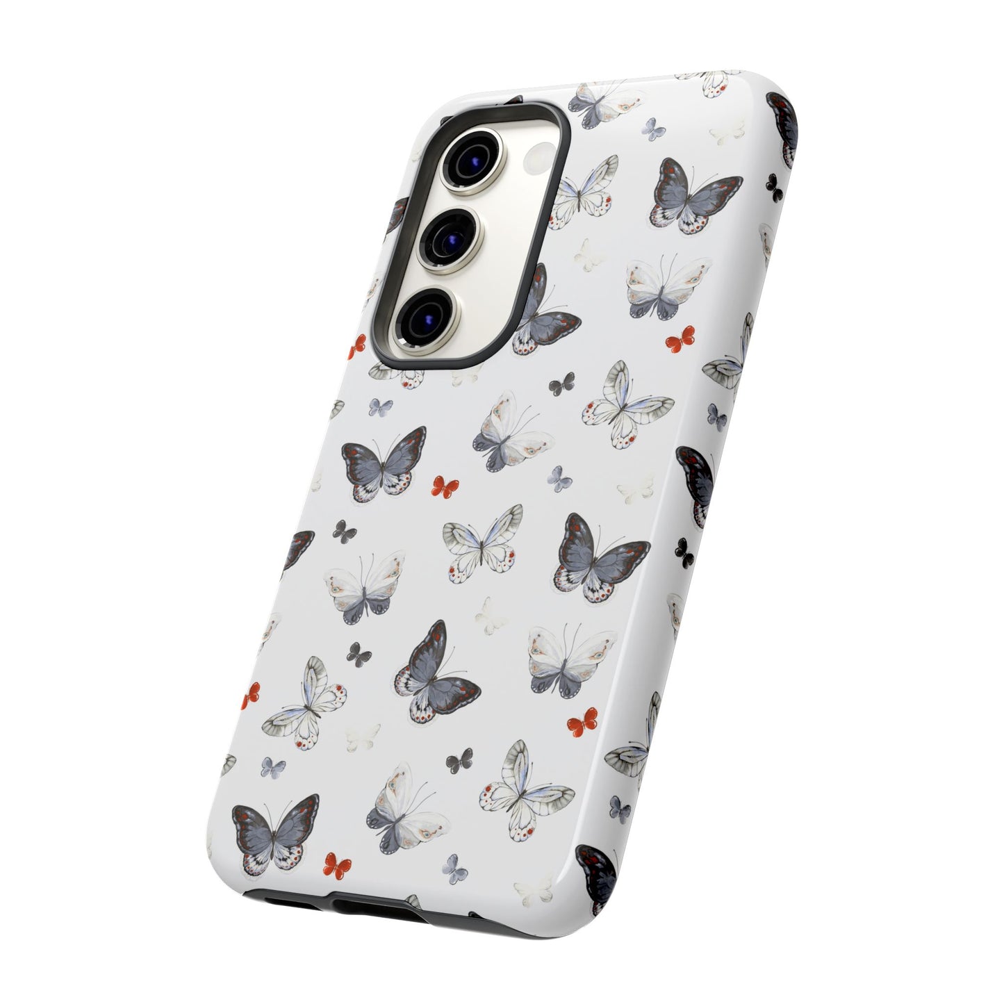 Funda para Samsung con diseño de mariposas: elegante funda protectora monocromática con detalles en rojo