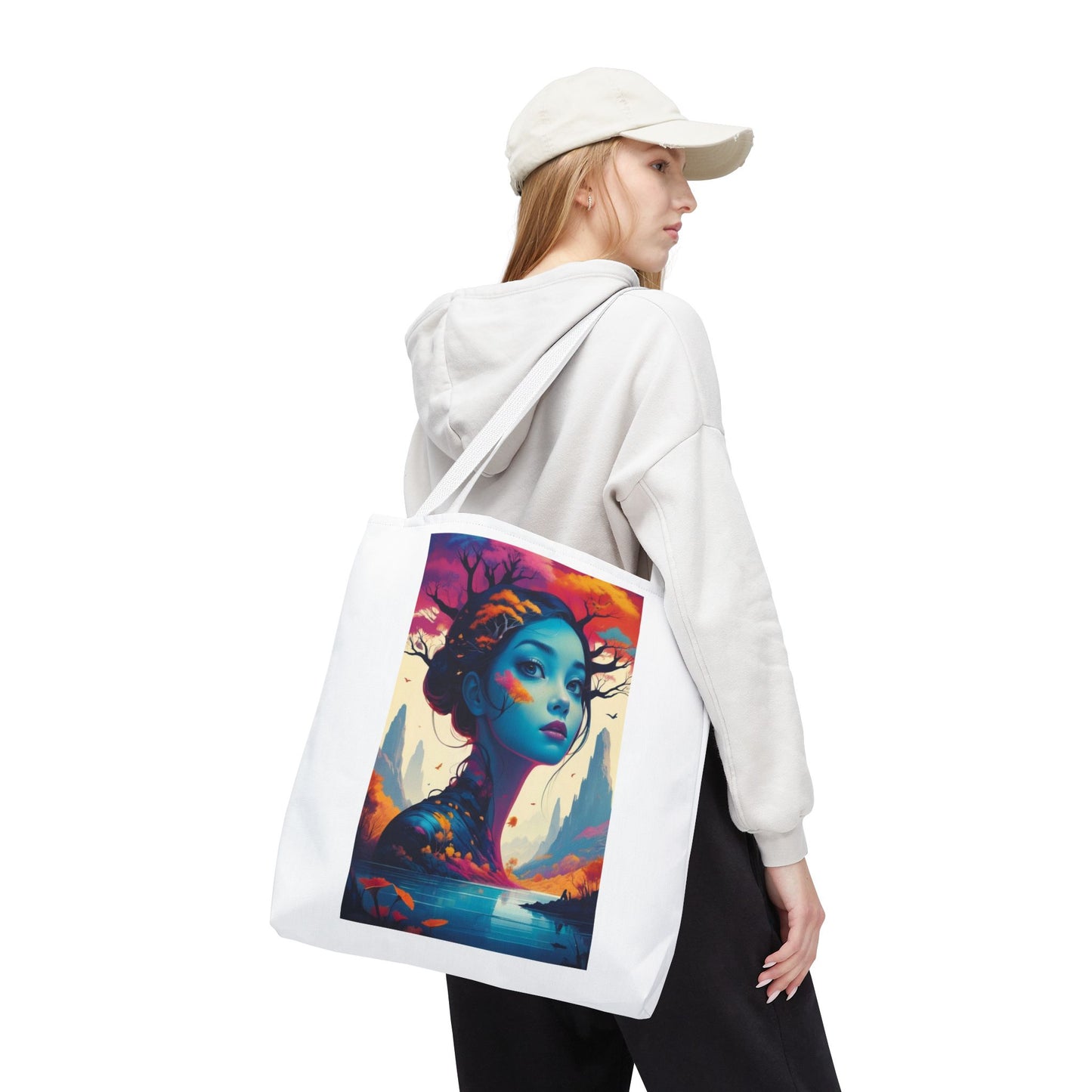 Artistic Blue Forest Maiden Tote Bag - Surreal Portrait All-Over Print