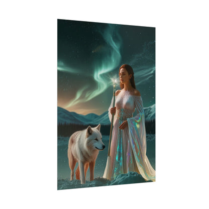Aurora Guardian Poster – Fantasy-Frau mit weißem Wolf (Wandbild)