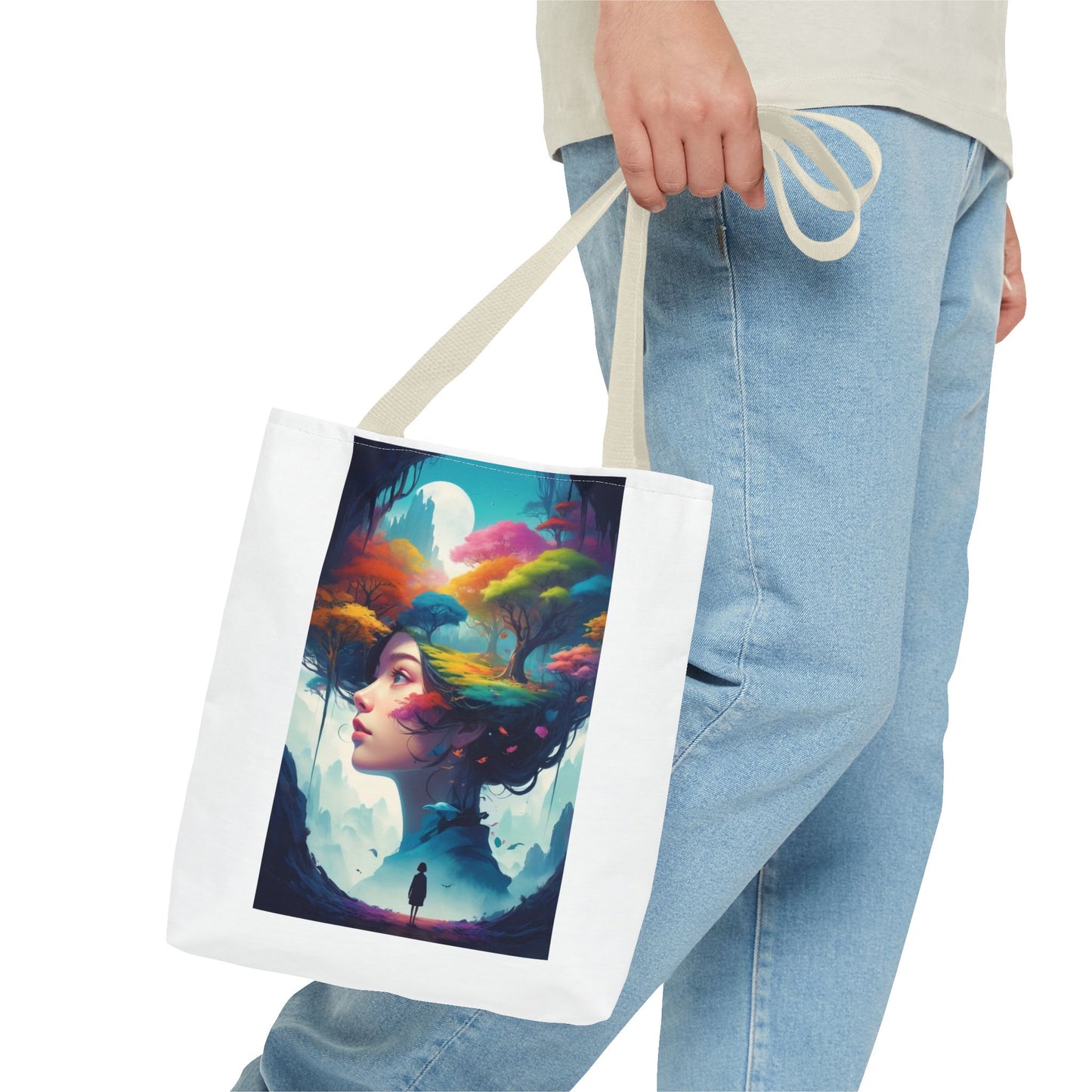 Surreale Traumlandschaft-Tragetasche – Bunte Frau &amp; Waldmotiv
