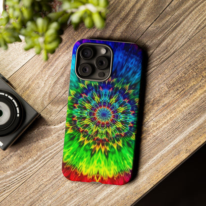 Funda resistente para teléfono con diseño de mandala psicodélico: protección vibrante con efecto tie-dye