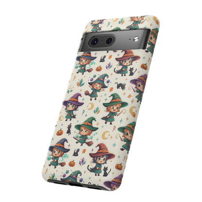 Google Phone - Cute Halloween Witch Phone Case – Cartoon Witches, Black Cats & Pumpkins