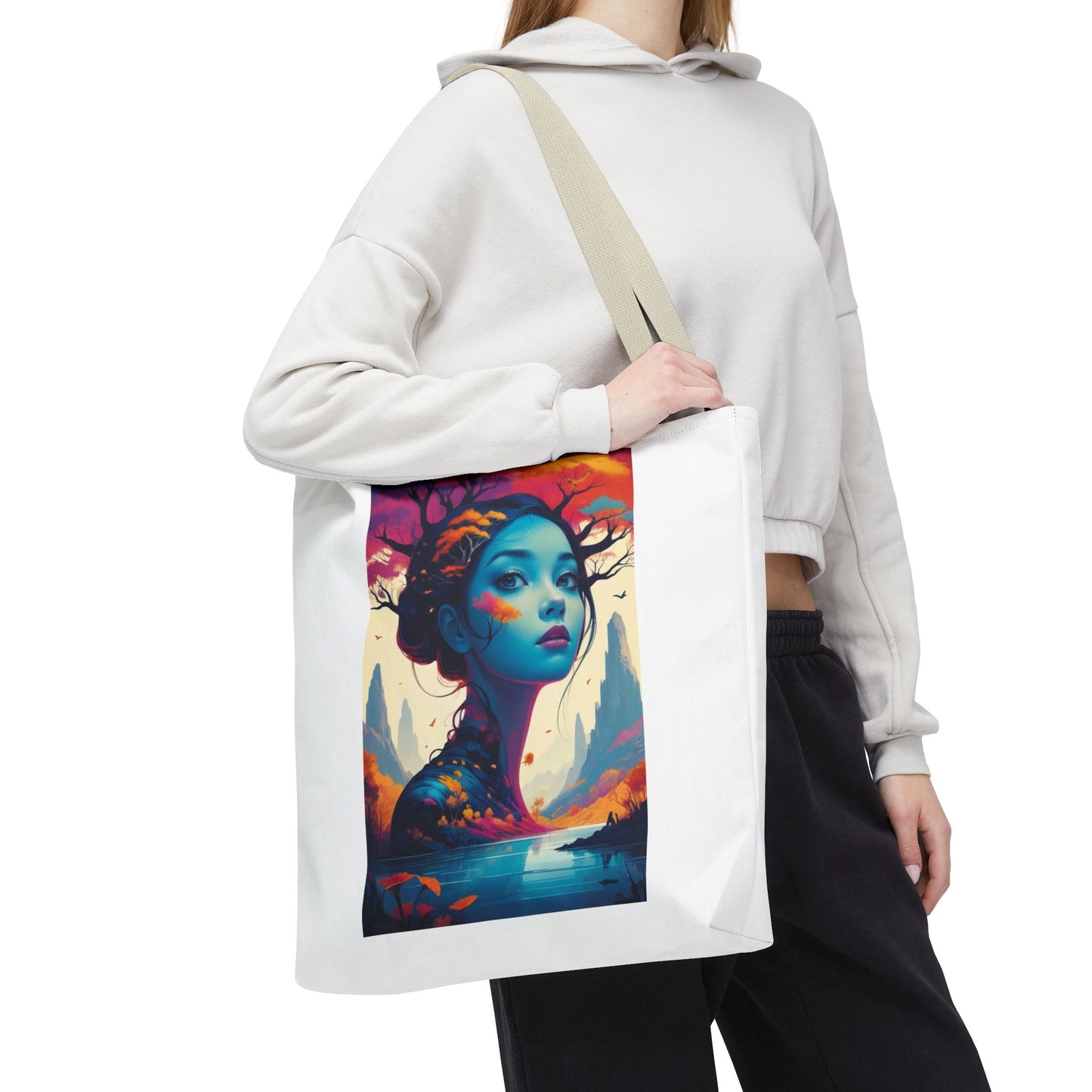 Artistic Blue Forest Maiden Tote Bag - Surreal Portrait All-Over Print