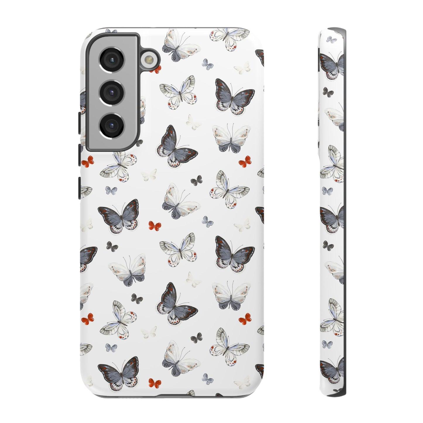 Funda para Samsung con diseño de mariposas: elegante funda protectora monocromática con detalles en rojo