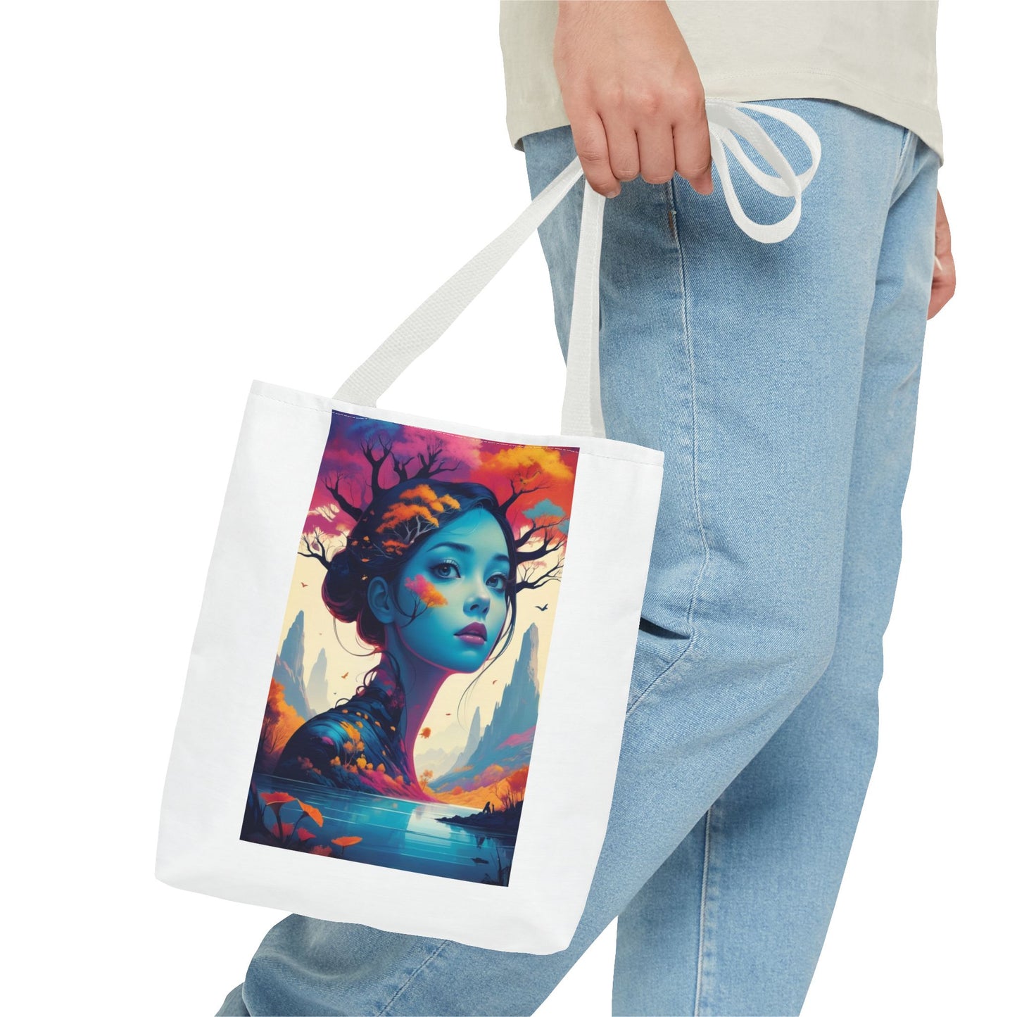 Artistic Blue Forest Maiden Tote Bag - Surreal Portrait All-Over Print