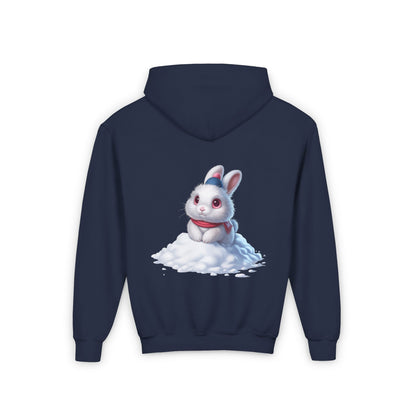 Youth Hoodie — Cute White Bunny in Snowback Graphic