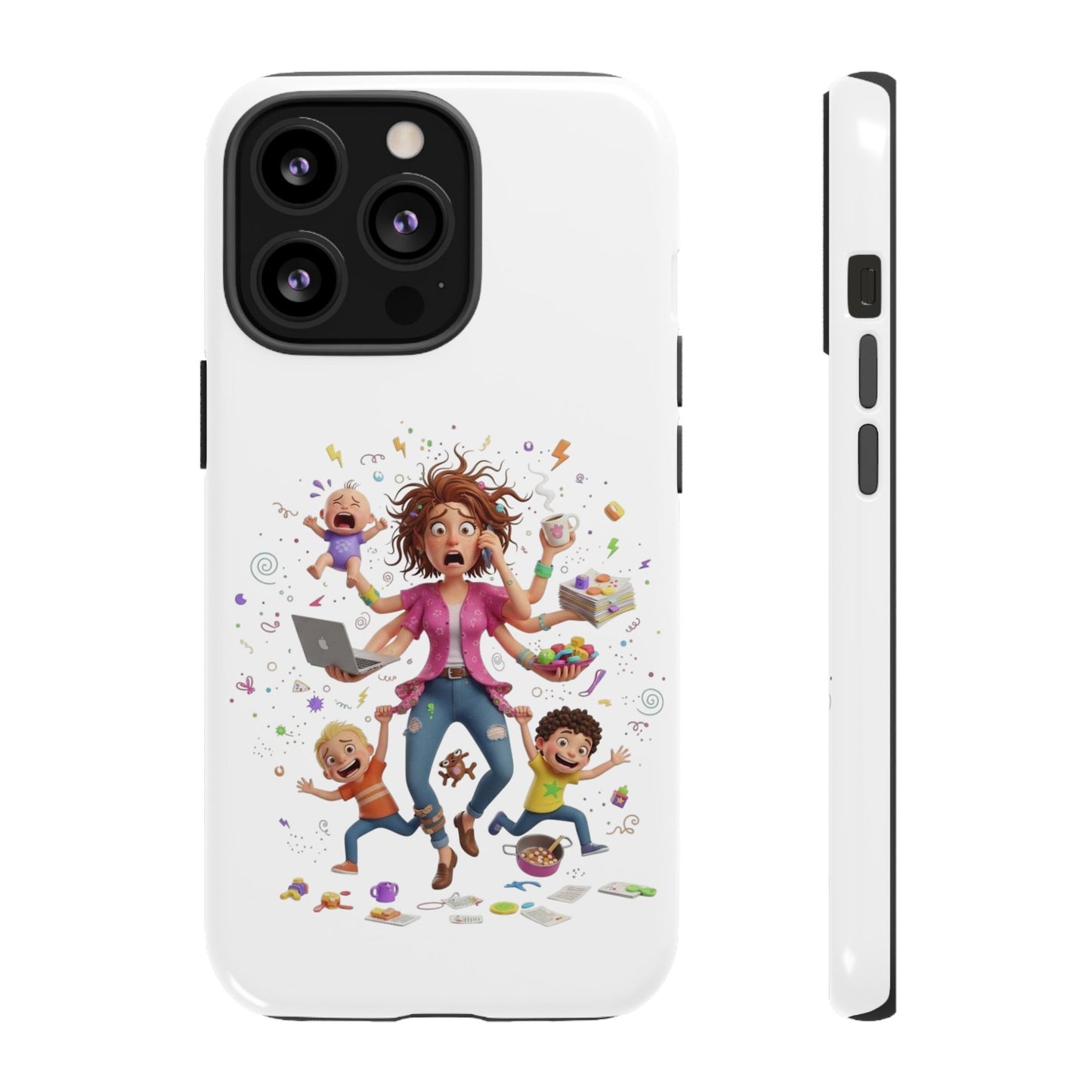 iPhone Phone Case — Hectic Mom Cartoon Design (Multitasking Mother, Kids & Chaos)