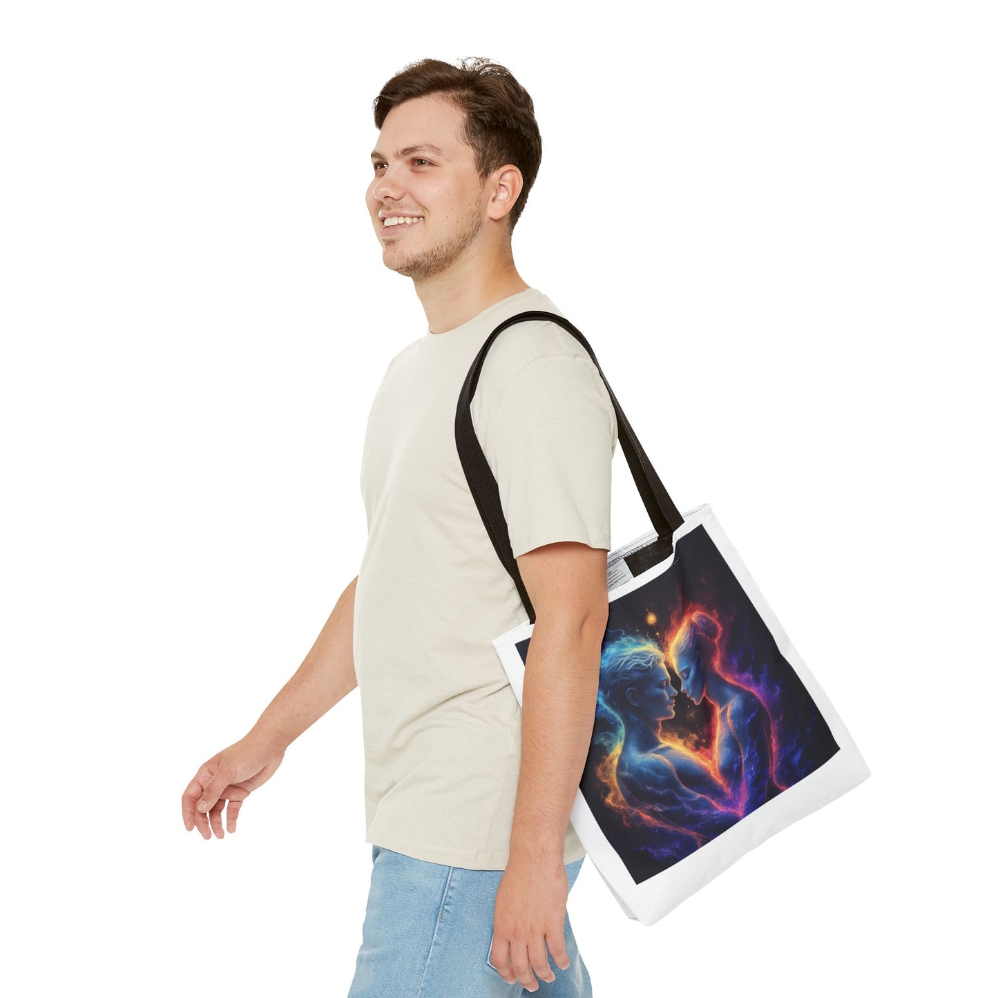 Cosmic Lovers Tote Bag — Neon Fire & Ice Couple Art AOP Tote