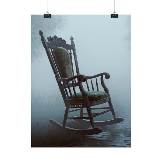 Vintage Rocking Chair Poster — Moody Foggy Cottage Wall Art (Rolled Poster)