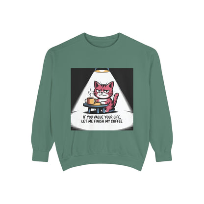Lustiges Katzen-Sweatshirt – „Wenn dir dein Leben lieb ist, lass mich meinen Kaffee austrinken“ – Kuscheliger Pullover mit Grafikprint