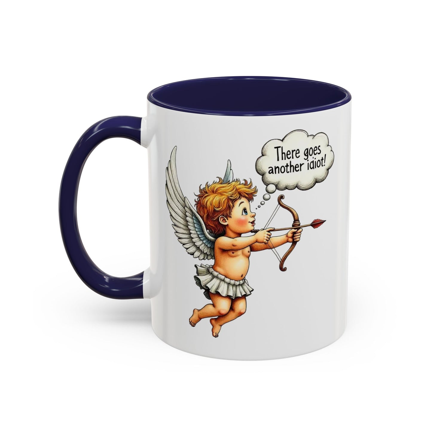 Cupid Coffee Mug — Vintage Cherub Saying "There goes another idiot!" Accent Mug