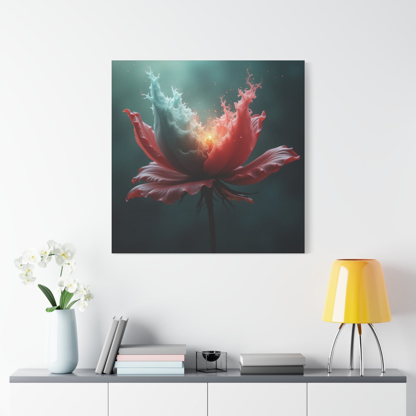 Surreal Bloom Canvas Art — Fiery Red & Teal Flower Matte Stretched Print