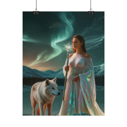 Aurora Guardian Poster – Fantasy-Frau mit weißem Wolf (Wandbild)