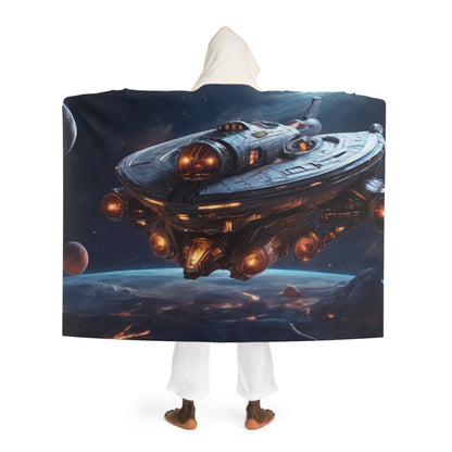 Hooded Sherpa Blanket — Space Galaxy Ship Print Cozy Throw
