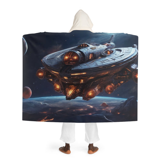 Hooded Sherpa Blanket — Space Galaxy Ship Print Cozy Throw
